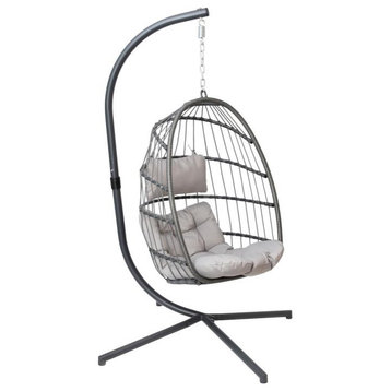 Cleo Patio Hanging Egg Chair, Wicker Hammock-Soft Seat Cushions & Swing Stand, G