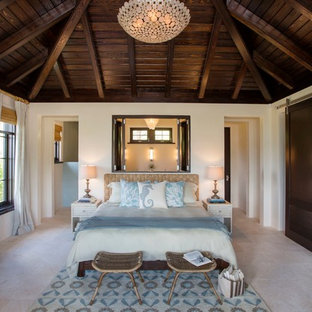Inspiration for a tropical master bedroom in Charleston with white walls and travertine floors.