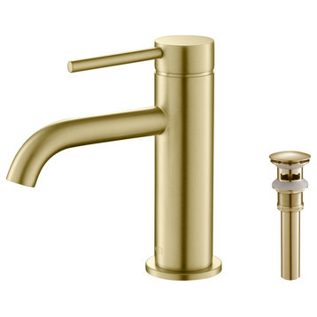 Circular Brass Single Handle Bathroom Faucet KBF1008, Brush Gold, With Drain