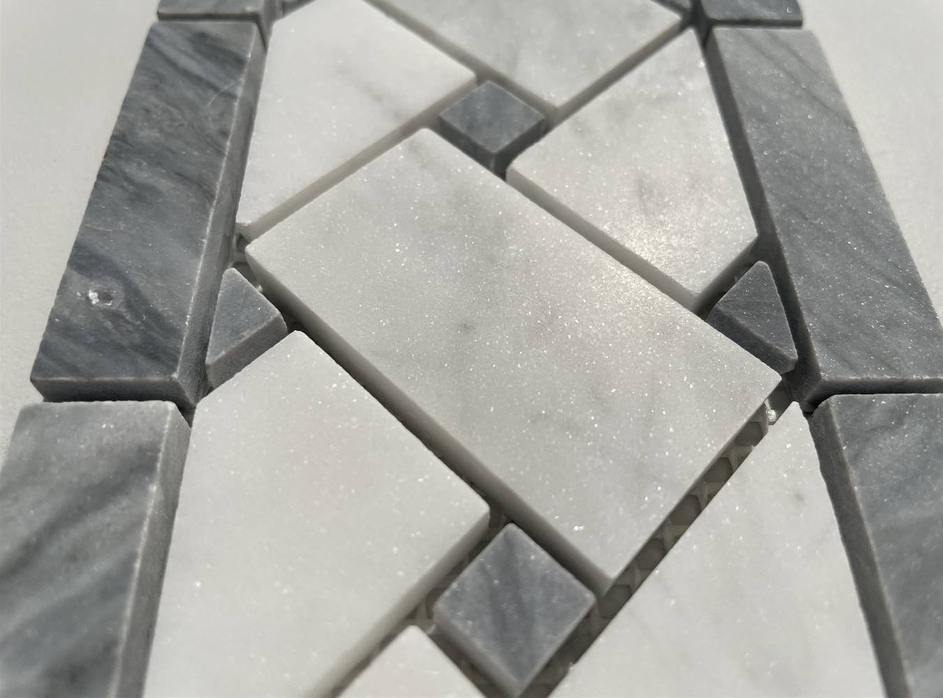 Carrara Venato Marble Basketweave Mosaic Border Dark Gray Dots Honed, 1 sheet