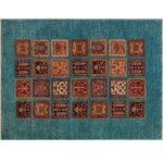 Bareens Designer Rugs - Rustic Khurgeen Sayre Green/Rust Wool Rug - 3'10'' x 5'10'' - Designed with a mesmerizing intricate transitional and geometric motif this glorious hand knotted rug made with handspun Ghazni wool is a masterpiece that will fill any space with sophistication and grace. Hand knotted by skilled artisans in an exhilarating color pallet with an elaborate design, this masterpiece features luxurious hand spun wool with all vegetable dyes to add comfort and style to your decor. The design, color, and beautiful chromatic composition with a sheen in transitional and geometric designs, exude beauty, elegance and quality make this rug an extraordinarily opulent center piece for your living space. The intricate designs known as Khurgeen, Khorgeen or Khorjin range are inspired by the patterns from ancient tribal bags. An infusion of bold, saturated color gives this traditional hand-knotted rug a fresh perspective and modern appeal. Most desired due to its versatility in design and affordability this handmade rug is in a compelling focal point in any living area.