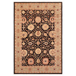 Bareens Designer Rugs - Boho Chic Ziegler Julee Black Green Hand-Knotted Wool Rug - 5'11'' x 8'10'' - Enhance the ambiance of your home with this magnificent Persian-influenced Turkish hand-knotted rug made by skilled artisans capable of creating the most exceptional vegetable dyes and hand-spun wool. This exquisite handmade rug is a one-of-a-kind Peshawar Kafkaz, otherwise identified as Chobi, Chobi Peshawar, Oushak, or Ziegler rug. These handmade rugs are crafted in Pakistan utilizing superior-quality wool imported from Australia, New Zealand, and Korea in two types of weaves: the Persian weave and the Mori weave. This rug is meticulously crafted by hand using the finest natural vegetable dyes extracted from local plants. The artisans use a blend of hand-spun local and fine merino wool, resulting in a rug with a compelling texture, higher lanolin content, and longer staple. The artisans occasionally incorporate natural or artificial silk into the pile to enhance specific motifs. The finished product is an awe-inspiring execution of flawless design and an understated palette that exudes elegance.