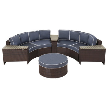 Mia Outdoor 4-Seater Wicker Curved Sectional Set With Wedge Tables, Navy, Round Ottoman