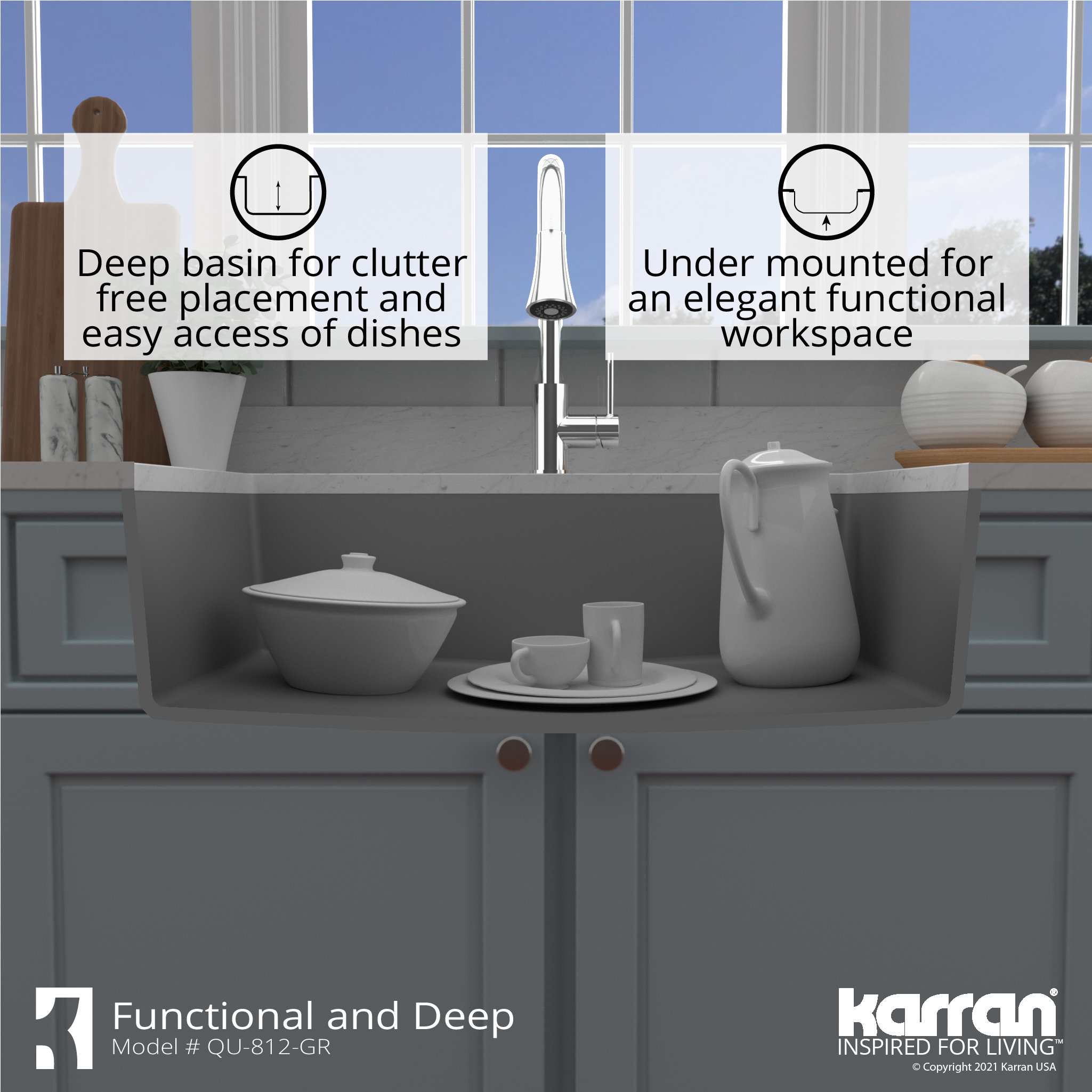 Karran QU-812 Undermount 32.5" Large Single Bowl Quartz Sink Kit, Grey