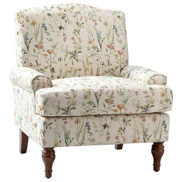 Armchair,Upholstered armchair with floral pattern, mid-century style., Spring