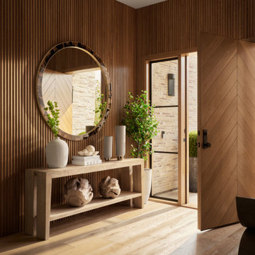 Textural Entryway with Pivot Doors and Dyed Oak Tambour Walls in Newport Beach