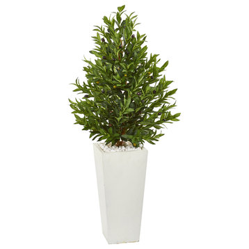 4' Olive Cone Topiary Artificial Tree in White Planter, Indoor/Outdoor