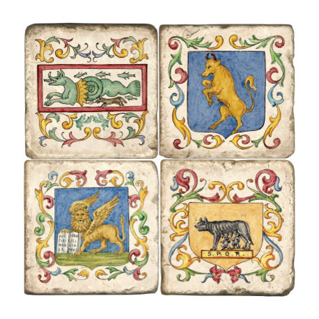 Tumbled Marble Coaster St/4 With Coaster Stand, Italian Tiles
