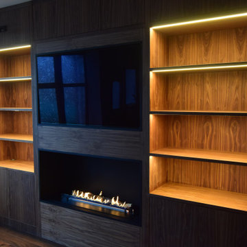 Media Unit with Crown-Cut Walnut, LED Strip Lighting and a Bio-Ethanal Fireplace