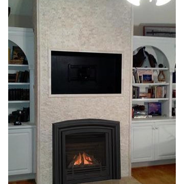 Gas fireplace makeover with tiny stone facing