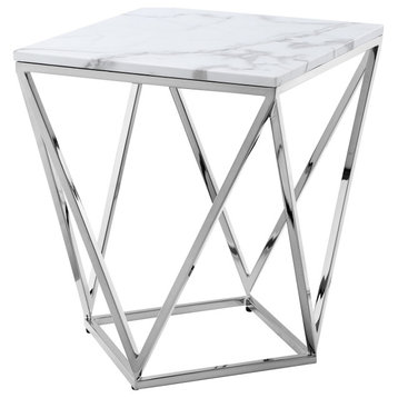 Emmet Marble Top End Table With Geometric Metal Base, White/Chrome