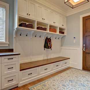 カルガリーの中サイズの片開きドアトランジショナルスタイルのおしゃれなマッドルーム (青い壁、無垢フローリング、濃色木目調のドア) の写真