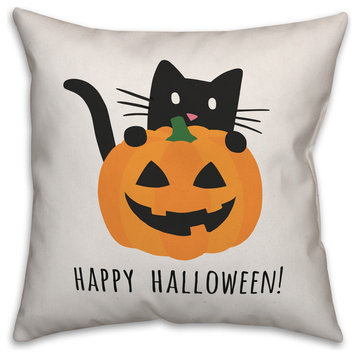 Happy Halloween Cat And Pumpkin 16"x16" Indoor/Outdoor Pillow