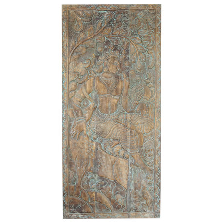 Consigned Krishna with Deer & Swan Carved Door, Krisna Reclaimed Barndoor