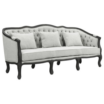 Samael Sofa With 3 Pillows, Gray Linen and Dark Brown Finish