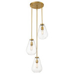 Z-Lite - Ayra Three Light Pendant, Olde Brass - An eye-catching three-light pendant perfectly encapsulates the modern aesthetic. Tapered bell-shaped shades are made from clear glass suspended from a sleek steel frame with an olde brass finish. The fixture brings a chic cutting edge to a contemporary kitchen or dining room.