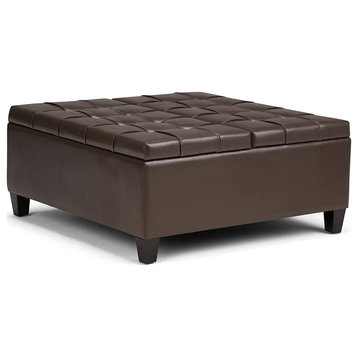 Classic Storage Ottoman, Faux Leather Upholstered Split Top, Chocolate Brown