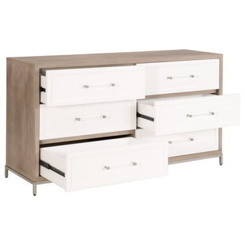 Gray White 6 Drawer Double Dresser, Acrylic Hardware Acacia Veneer