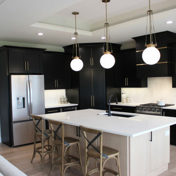 Black and Maple Wheat Kitchen with Brass Banded Hood