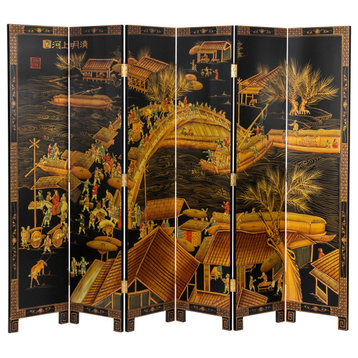Traditional Room Divider, Ching Ming Festival Painted Panels, Lacquered Black