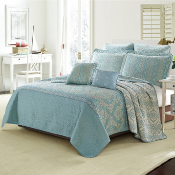 Mystic Quilted 7-Piece Bed Spread Set, Teal/Turquoise, Queen