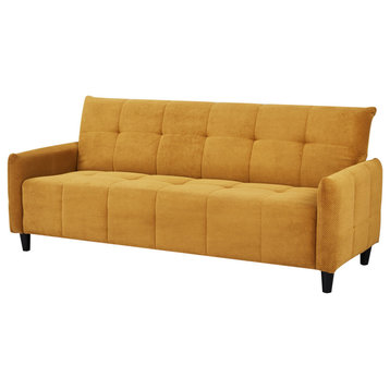 Benzara BM285049 79" Convertible Sofa Bed Futon, Tufted Cushions, Yellow