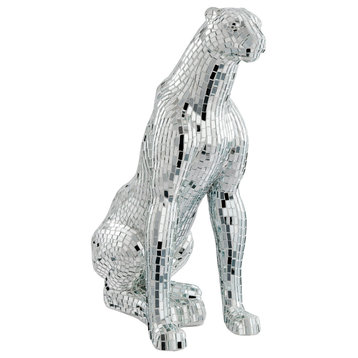 Boli Sitting Panther Resin Handmade Sculpture, Glass & Chrome