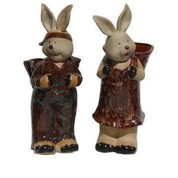 Pair Handmade Ceramic Rabbit Carry Basket On Back Statue