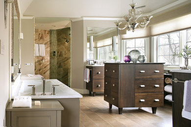 Design ideas for a large transitional master bathroom in New York with an undermount sink, flat-panel cabinets, dark wood cabinets, marble benchtops, a freestanding tub, a curbless shower, multi-coloured tile, porcelain tile, beige walls and ceramic floors.