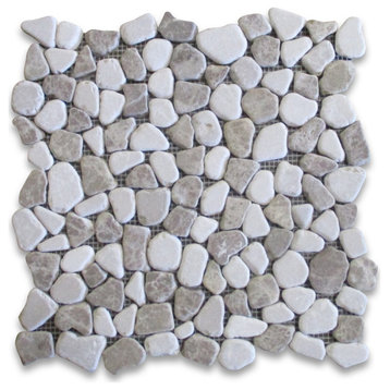 Non Slip Shower Floor Tile Tumbled Emperador Beige Marble Pebblestone, 1 sheet