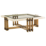 Tommy Bahama Home - Weston Cocktail Table - The square cocktail table gives prominence to the white Cordova stone with its striking brass inlay and inset glass top. The leather wrapped rattan frame includes a finishing touch of metal top caps and ferrules and an antique brass finish. For those who like coordinated settings, the Los Cabos End Table reflects this same design.