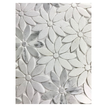 Marble Flower 4 in. x 4 in. Decorative Backsplash Wall Accent Tile, Calacatta, S