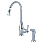 Olympia Faucets - Accent Single Handle Kitchen Faucet, Polished Chrome - Single Handle Kitchen Faucet Lever Handle Gooseneck Spout Swivel 360_ 8-1/4" Reach, 10-3/8" From Deck to Aerator Ceramic Disc Cartridge with Temperature Limit Stop 2 or 4-Hole Installation Side Spray Assembly With 1.5 GPM Flow Rate Deck Cover Plate Included