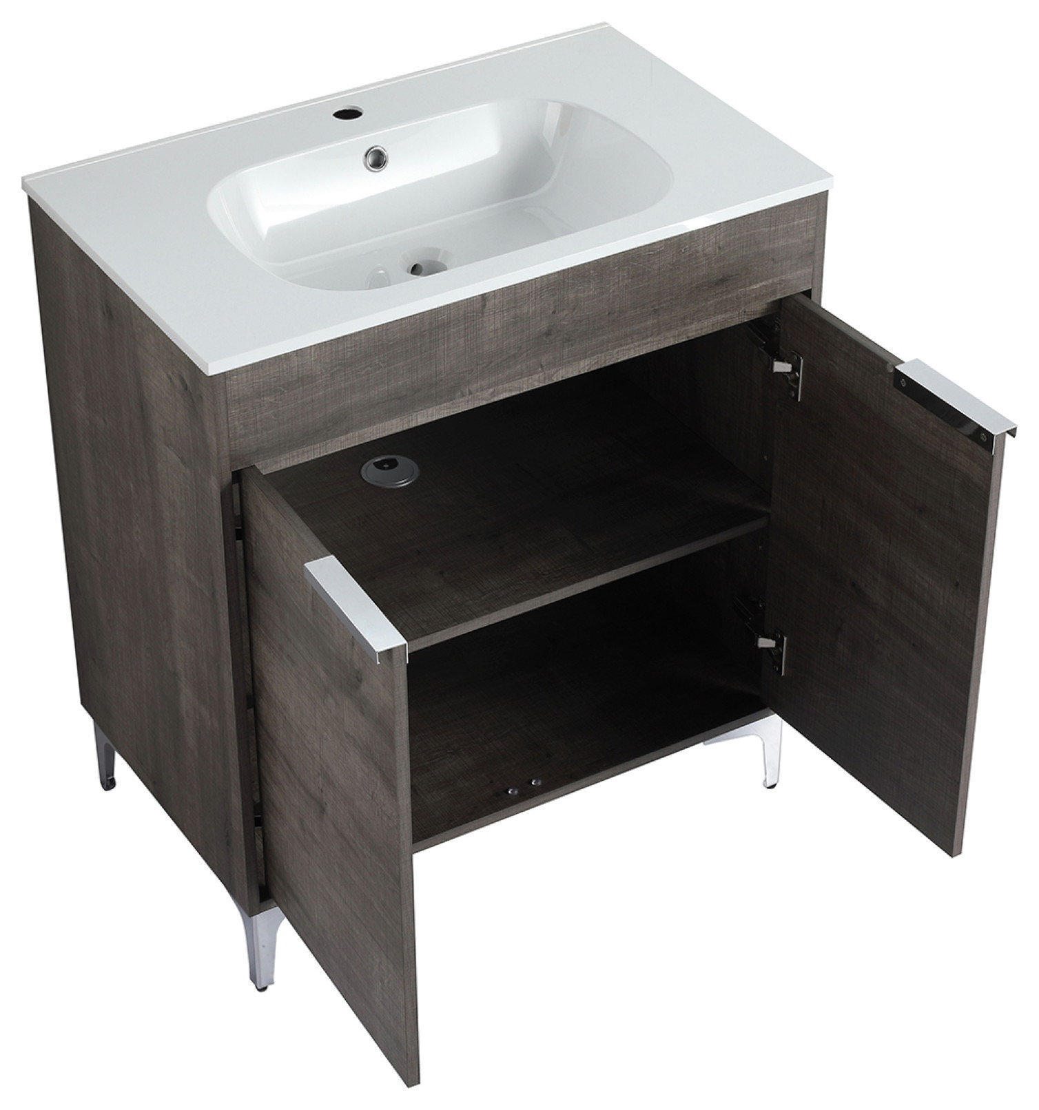 Single Vanity, Gray Oak Finish With Solid Surface Resin White Sink, 30" - Midcentury - Bathroom ...