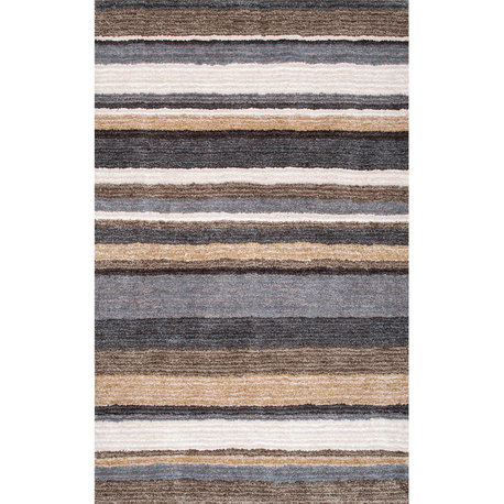 Nuloom Hand-Tufted Striped Shaggy Plush Shag Rug, Beige Multicolor 8'x10'