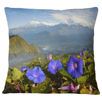 Stunning Mountain Terrain With Flowers Landscape Printed Throw Pillow, 16"x16"