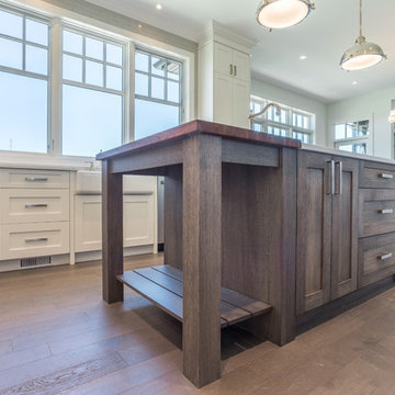 Rift cut white oak Island with attached butcher block table, White shaker style