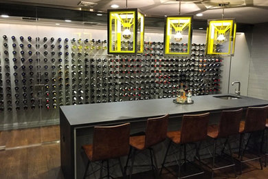 Example of a large minimalist dark wood floor wine cellar design in New York