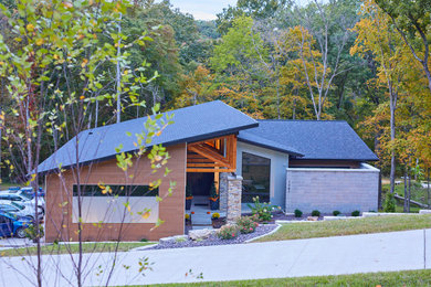 Large mid-century modern one-story concrete fiberboard house exterior idea in St Louis with a shed roof, a shingle roof and a black roof