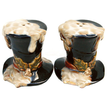 Snow Covered Top Hat Wintry Fun Salt and Pepper Shaker Set Ceramic