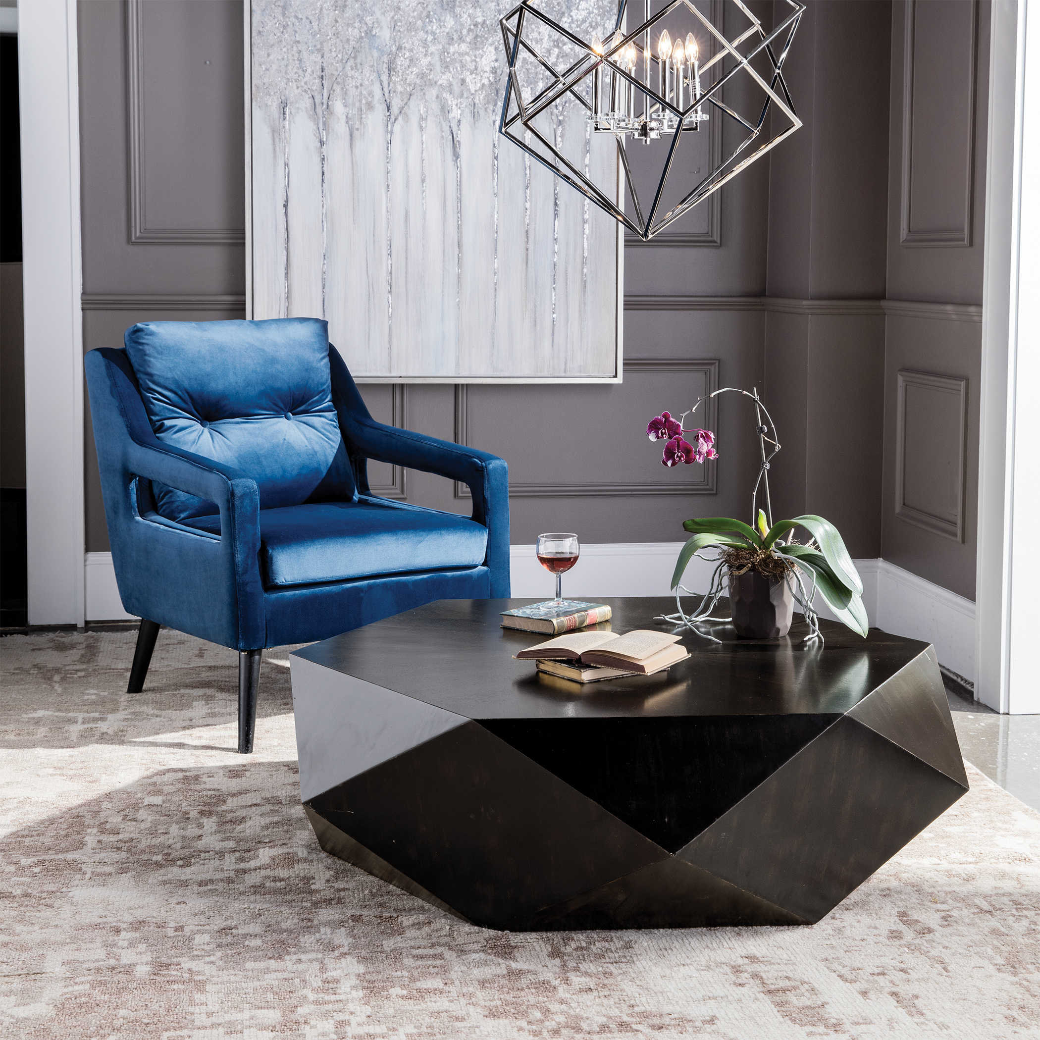 Faceted Large Round Wood Coffee Table, Modern Geometric Block Solid