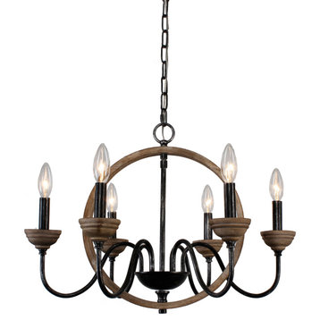 Farmhouse Orb Chandelier With 6-Light, Distressed Candle Shaped Wood Chandelier, Distressedwood