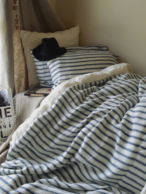 French Vintage Navy Ticking Stonewashed Linen Bedding