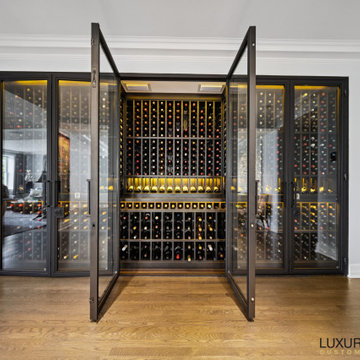 Modern Glass-Enclosed Wine Wall with Custom Wood Racks – Chicago