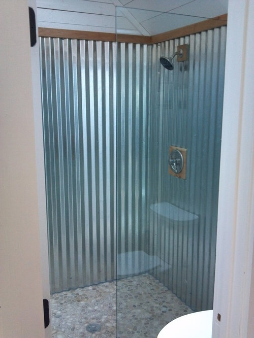 corrugated shower metal bathroom galvanized tin stall panels steel roofing garage remodel wood walls decor houzz roof block galvinized rust