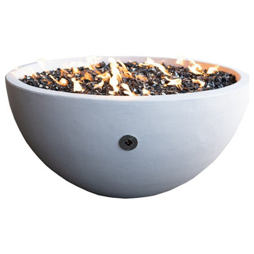 36" Concrete Fire Bowl, Frost White, Turquoise Fire Glass Filling, Propane Gas
