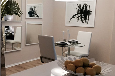 Great room - small contemporary light wood floor and beige floor great room idea in Other with white walls and no fireplace