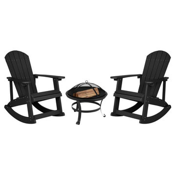 Savannah Set of 2 Outdoor Rocking Adirondack Chairs w/ 22" Round Fire Pit, Black