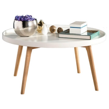 Retro Modern Coffee Table, Natural Wooden Legs With Round Tray Like White Top