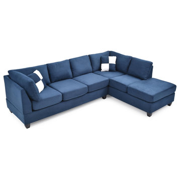 Malone 111 in. Navy Blue Suede 4-Seater Sectional Sofa with 2-Throw Pillow